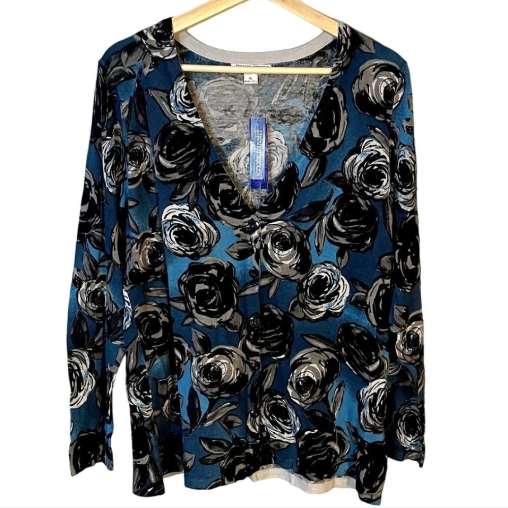 Pendleton V-Neck Black And Blue Floral Silk Blend Cardigan New With Tags